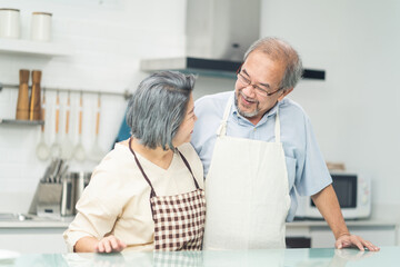 Obraz premium Happy senior Couple in kitchen at home enjoy retirement life together.