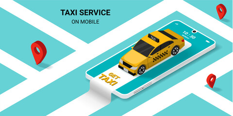 Taxi online service on mobile application with yellow taxicab  and location or navigation city map. Concept for order taxi service. Isometric vector illustration © Nostagrams