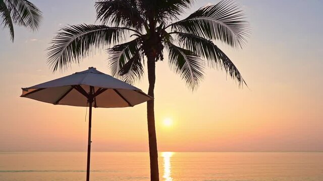 Perfect red sun sunset view from tropical hotel resort lounge near the sea, beach umbrellas, and coconut palm silhouette in the foreground
