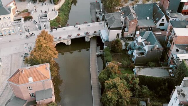 Hoogbrug or Grootbrug oldest stone bridge in Mechelen, Belgium - Aerial Fly-over