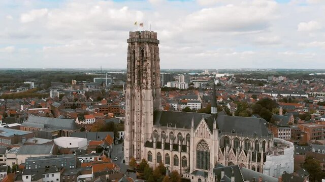 St. Rumbold's Cathedral in Mechelen Flemish city, Belgium - Aerial 