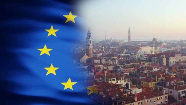Aerial view of Venice, Italy, split with the EU flag  - 3D render animation