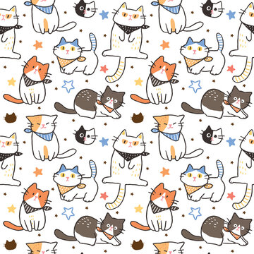 Seamless Pattern with Hand Drawn Cartoon Cat Design on White Background