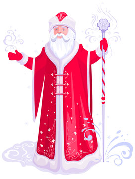 Russian santa claus grandfather frost in red coat stand with ice staff