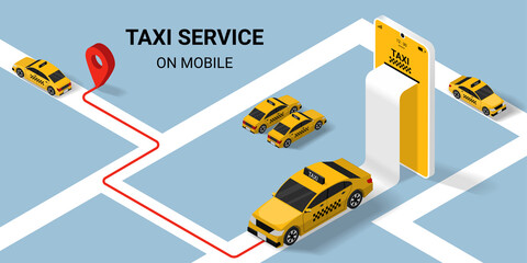 Taxi online service concept. yellow taxicab and with road and location on mobile application. Isometric Vector illustration