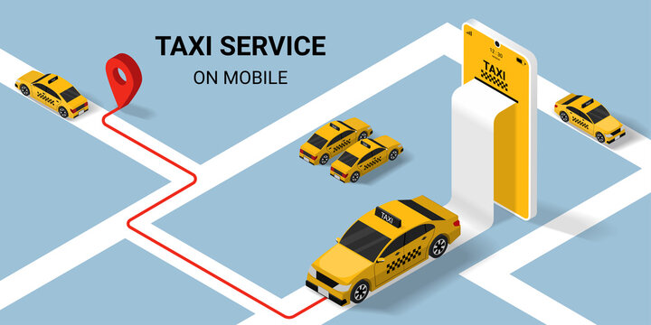 Taxi online service concept. yellow taxicab and with road and location on mobile application. Isometric Vector illustration