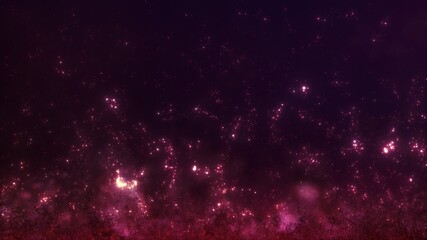 Ethereal trippy purple pink and orange glittering particle banner background. Concept 3D illustration template for festive holiday and gaming live stream announcements and relaxing electronic music lo