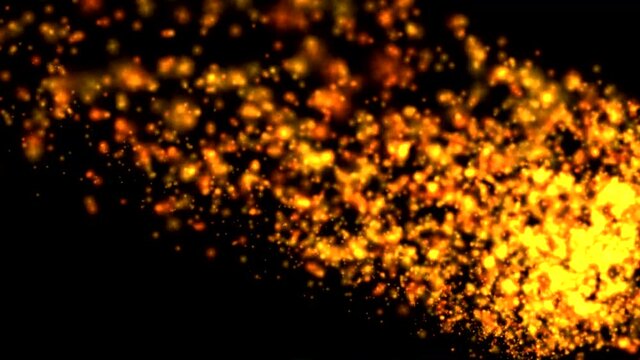 Left to right spatter show of flying particles or fluid in golden colour with black background.