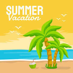 Summer vector banner design concept on the beach with summer elements.