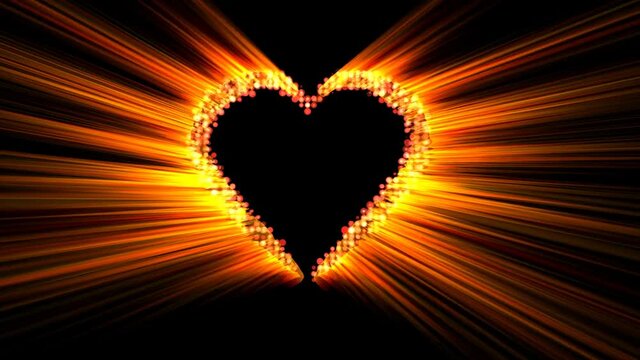 A golden heart is drawn symmetrically on a black background as it sparkles and moves to central position before zooming through the view.