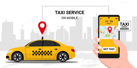 Taxi online service concept. Yellow taxicab  and hand holding phone with application get  a taxi on screen background. Order a taxi online. Isometric Vector illustration - obrazy, fototapety, plakaty