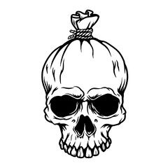Illustration of money bag from skull shape. Design element for poster, card, banner, t shirt. Vector illustration