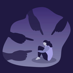 vector illustration on the theme of victiblaming, bullying, shaming. the girl sits, hugging her knees, many large hands pointing at her with a finger. trend illustration in flat style 