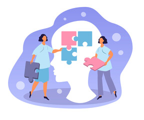 vector hand drawn illustration on the theme of psychotherapy, mental assistance. two women collect a puzzle in a human's head. trend illustration in flat style 
