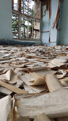 Old abandoned books in the building of the abandoned Mayak sanatorium. Gagra. Abkhazia.