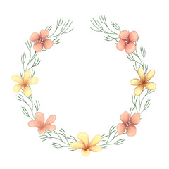 Cute baby girl shower wreath, yellow and pink flowers, toddler holidays decoration element, floral frame