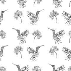 Seamless pattern in black and white with hummingbird and clover on a white background