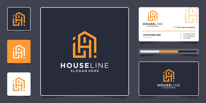 Real estate logo template with business card. Combine House and letter h line logo design minimalist.
