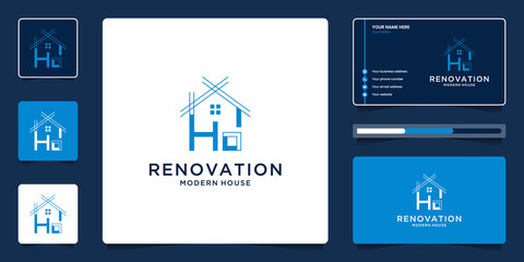 House architecture logo template. Creative real estate symbol for renovation with business card.