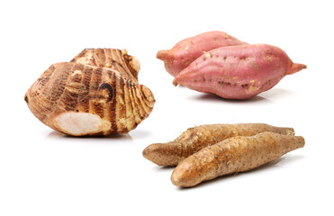 taro, yams, sweet potatoes isolated on white background