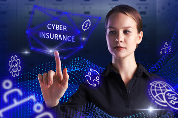 Business, Technology, Internet and network concept. Young businessman working on a virtual screen of the future and sees the inscription: Cyber insurance