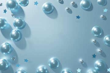 3d render of blue shiny metallic balls and pearles with stars frame on a blue background