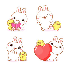Set of kawaii bunny and duckling. Cute little duck and rabbit friends