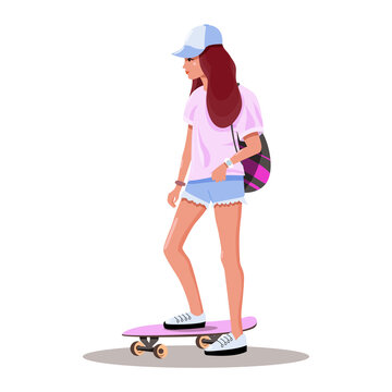 Teenage girl in cap rides a skateboard. Active lifestyle. Youth sports time. Summer active leisure concept. Cartoon flat vector illustration