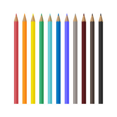 A large set of wooden colored pencils in different colors. School pencils for drawing. A set for creativity. Office supplies. Vector illustration on a white background