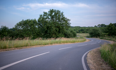 Winding road on the side of the road green grass. Paved village road on a summer evening.