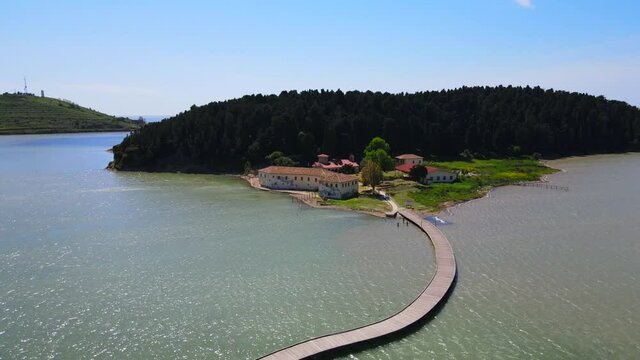 drone shot of Zvernec Island in Vlore, Albania.