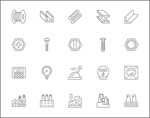 Set of Factory and industrial sign line style. It contains such as pressure meter, geothermal energy, welding, steel, structure, electric, construction, tool, metallurgy and other elements.