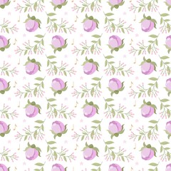 Seamless pattern with flowers, sweets, branches and ballet elements. Vector illustration.
