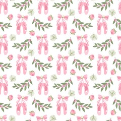 Seamless pattern with flowers, sweets, branches and ballet elements. Vector illustration.