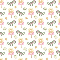 Seamless pattern with flowers, sweets, branches and ballet elements. Vector illustration.
