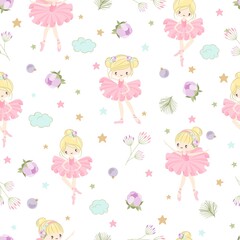 Seamless pattern with a Little Ballerina on a beautiful background.Vector illustration in a simple style.
