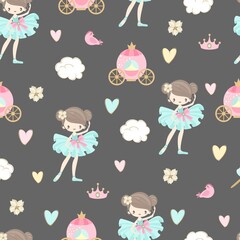 Seamless pattern with a Little Ballerina on a beautiful background.Vector illustration in a simple style.
