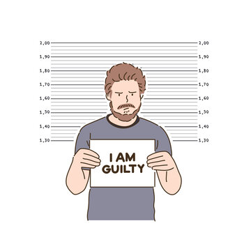 A criminal is holding a note paper in his hand and taking a mugshot photo. hand drawn style vector design illustrations. 