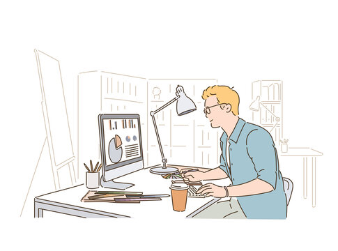 A designer is working on a computer. hand drawn style vector design illustrations. 