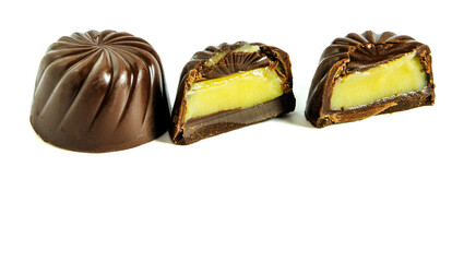 Chocolate candies with filling on a white background
