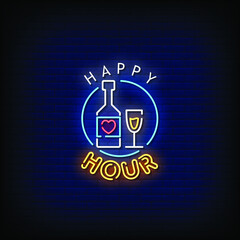 Happy Hour Neon Signs Style Text Vector