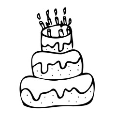 Vector illustration of birthday cake with candles in doodle style
