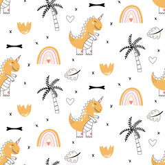 Cute dinosaur Seamless pattern doodle style Outline baby dino © DandelionFly