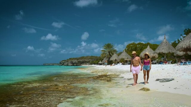  Cas Abou Beach on the Caribbean island of Curacao, Playa Cas Abou in Curacao Caribbean tropical white beach with the blue ocean. drone footage