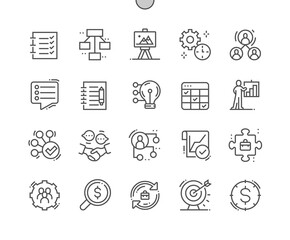 Planning. Notebook of tasks. Business model. Update project. Plan and deadline. Working, terms, time and organization. Pixel Perfect Vector Thin Line Icons. Simple Minimal Pictogram