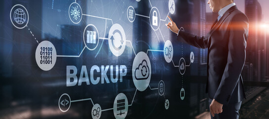 Backup Storage Data Technology concept. Businessman touching Backup