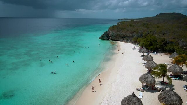  Cas Abou Beach on the Caribbean island of Curacao, Playa Cas Abou in Curacao Caribbean tropical white beach with the blue ocean. drone footage