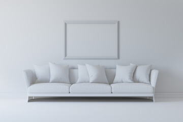 White room with sofa and picture frame on the wall. 3d rendering