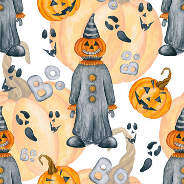 Scary clown and pumpkin seamless pattern. Halloween watercolor background