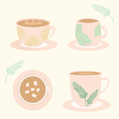 Vector - Cute set of 4 hot coffee or chocolate cup with plant leaves. Object. Lovely, Vintage.